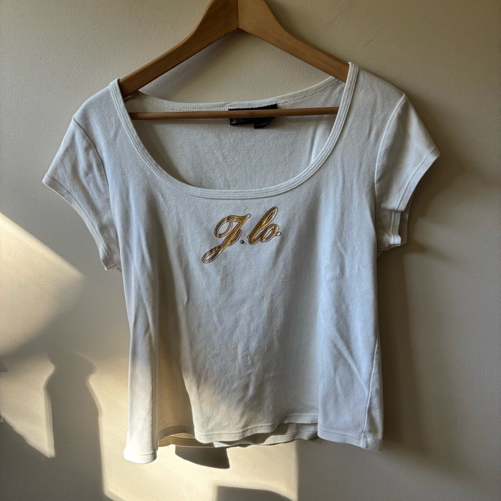 Jennifer Lopez White Tee with Gold Accents